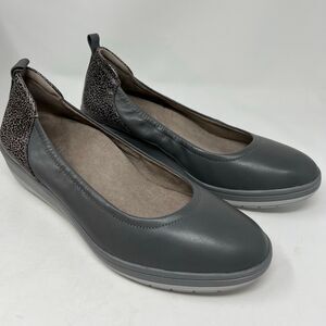 NWT VIONIC Women’s 8.5 Wide Jacey Charcoal Leather Leopard Slip On Wedge Shoes